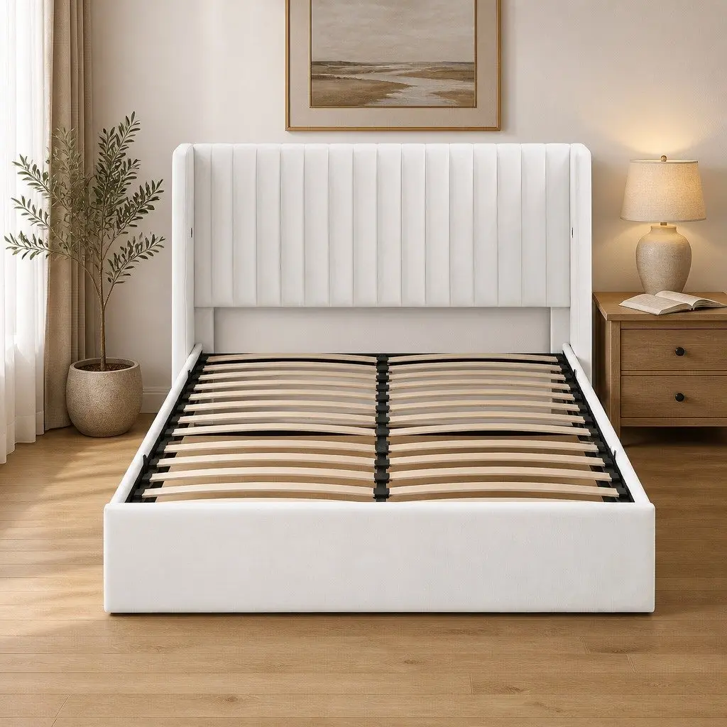 Double Bed Frame Gaslift Storage Velvet White 158W x 205L x 115H cm