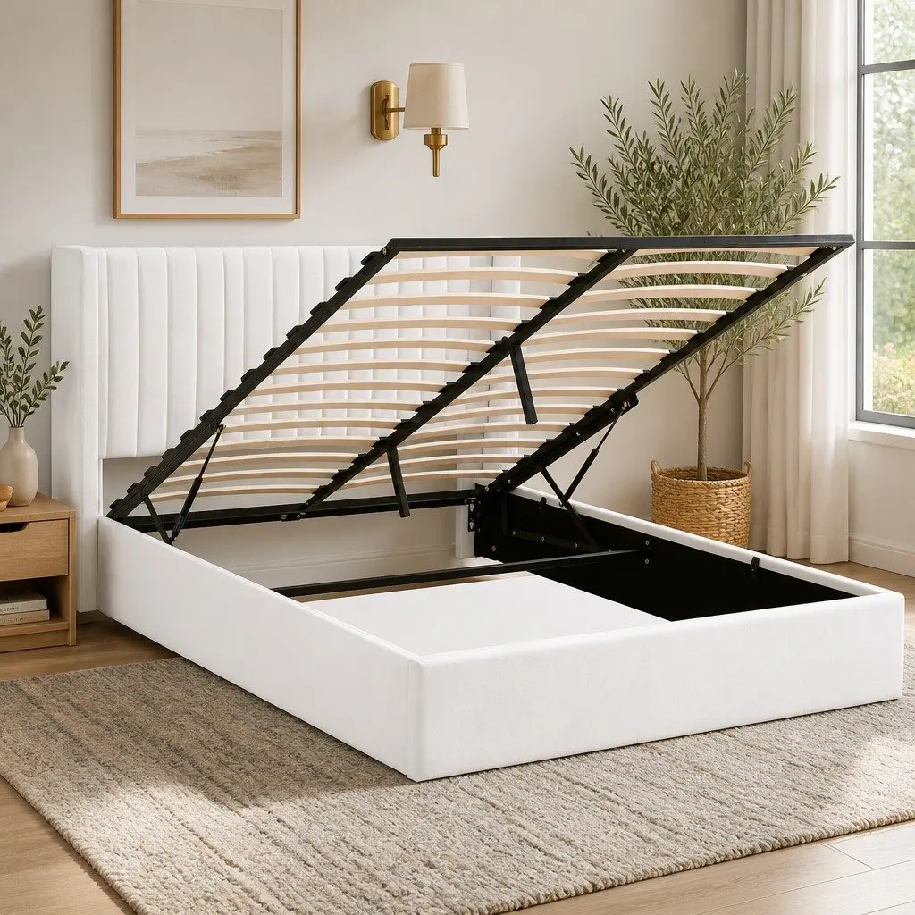 Double Bed Frame Gaslift Storage Velvet White 158W x 205L x 115H cm
