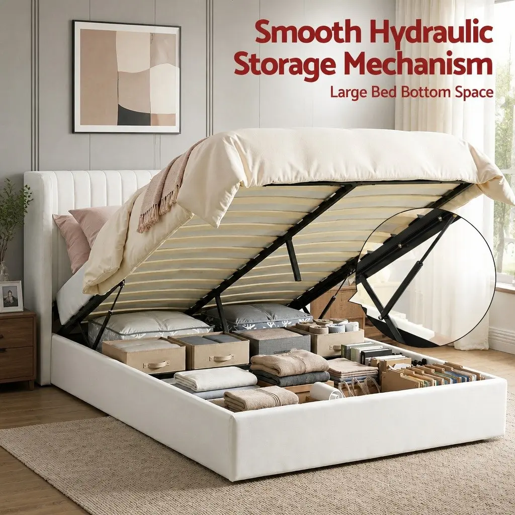 Double Bed Frame Gaslift Storage Velvet White 158W x 205L x 115H cm