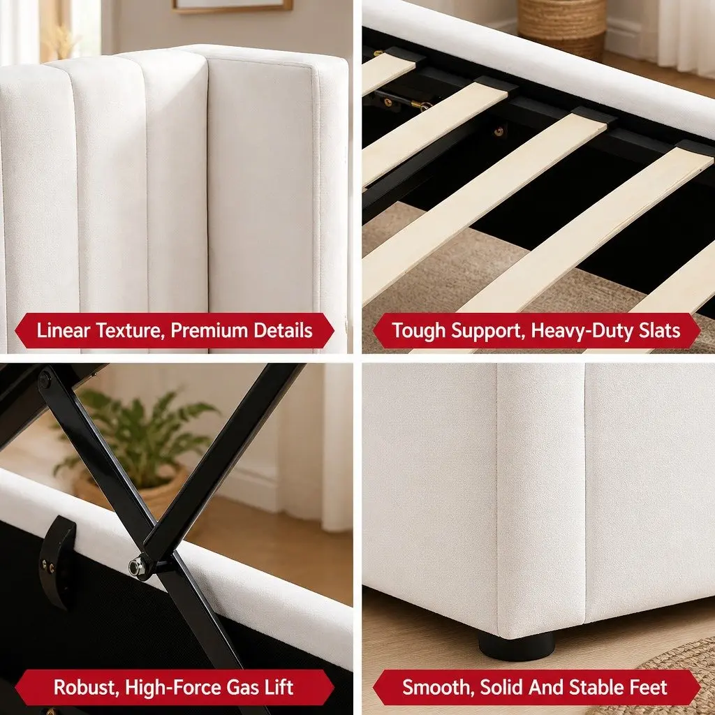 Double Bed Frame Gaslift Storage Velvet White 158W x 205L x 115H cm