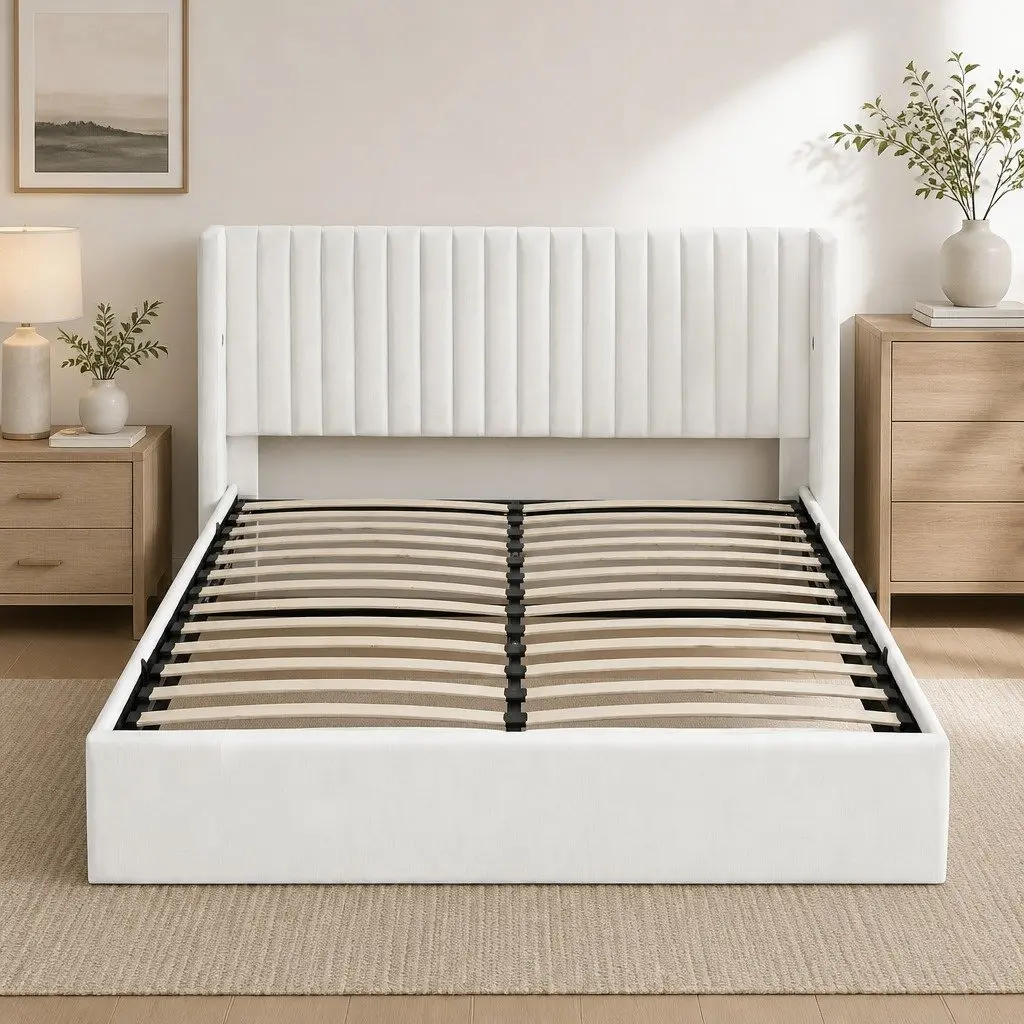 King Bed Frame with Gaslift Storage Dual USB Type-C Charging Ports Velvet