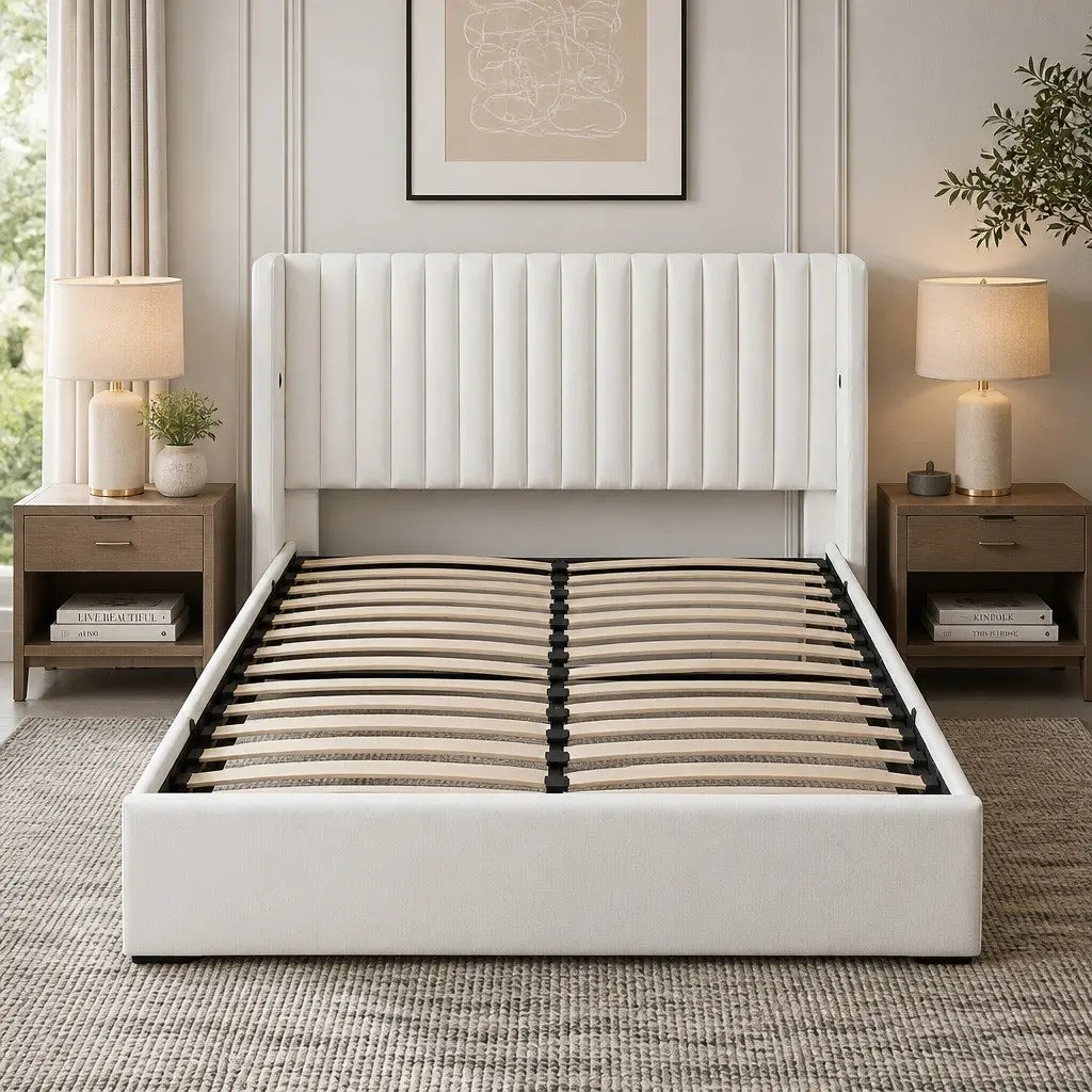 Queen Bed Frame with Gaslift Storage Dual USB Type-C Charging Ports Velvet