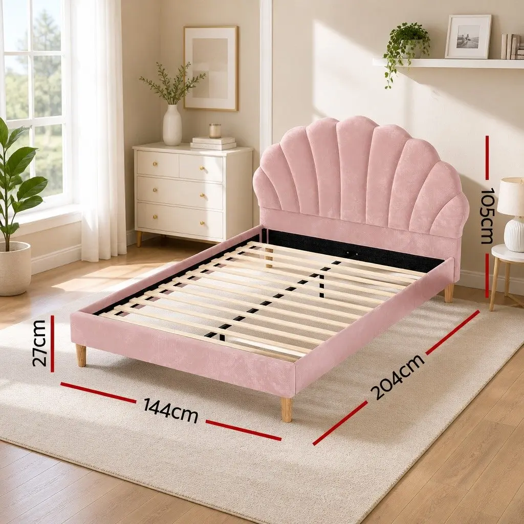 Double Bed Frame Scallop Pink Velvet Fabric Wooden Base Bedroom Furniture