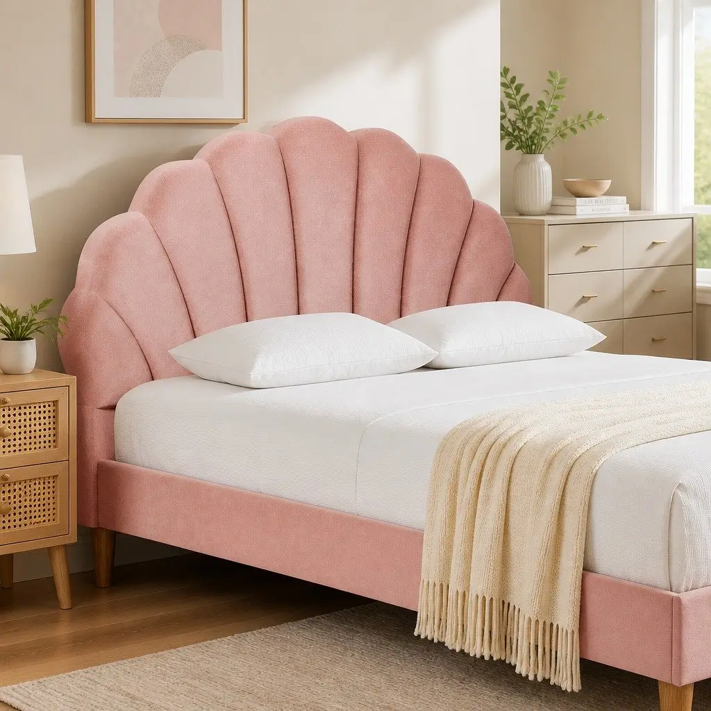 Double Bed Frame Scallop Pink Velvet Fabric Wooden Base Bedroom Furniture