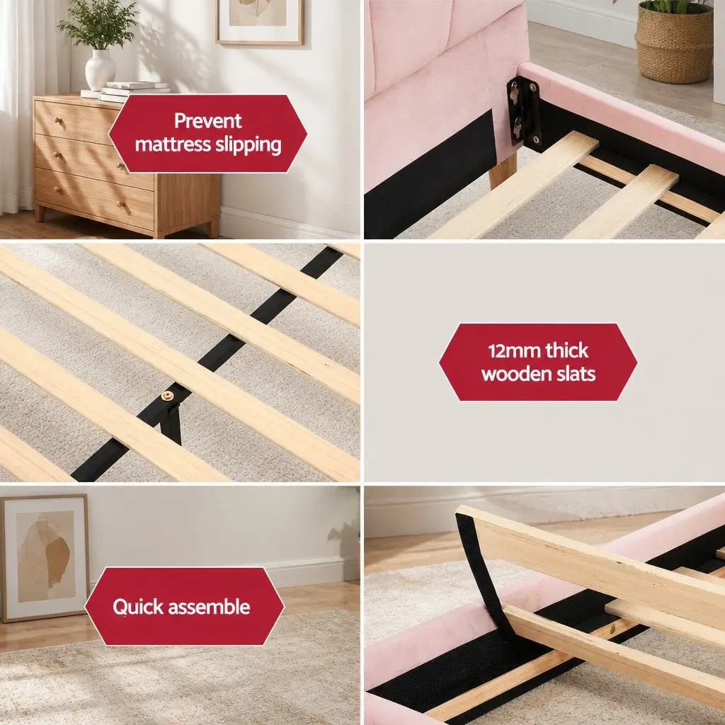 Double Bed Frame Scallop Pink Velvet Fabric Wooden Base Bedroom Furniture