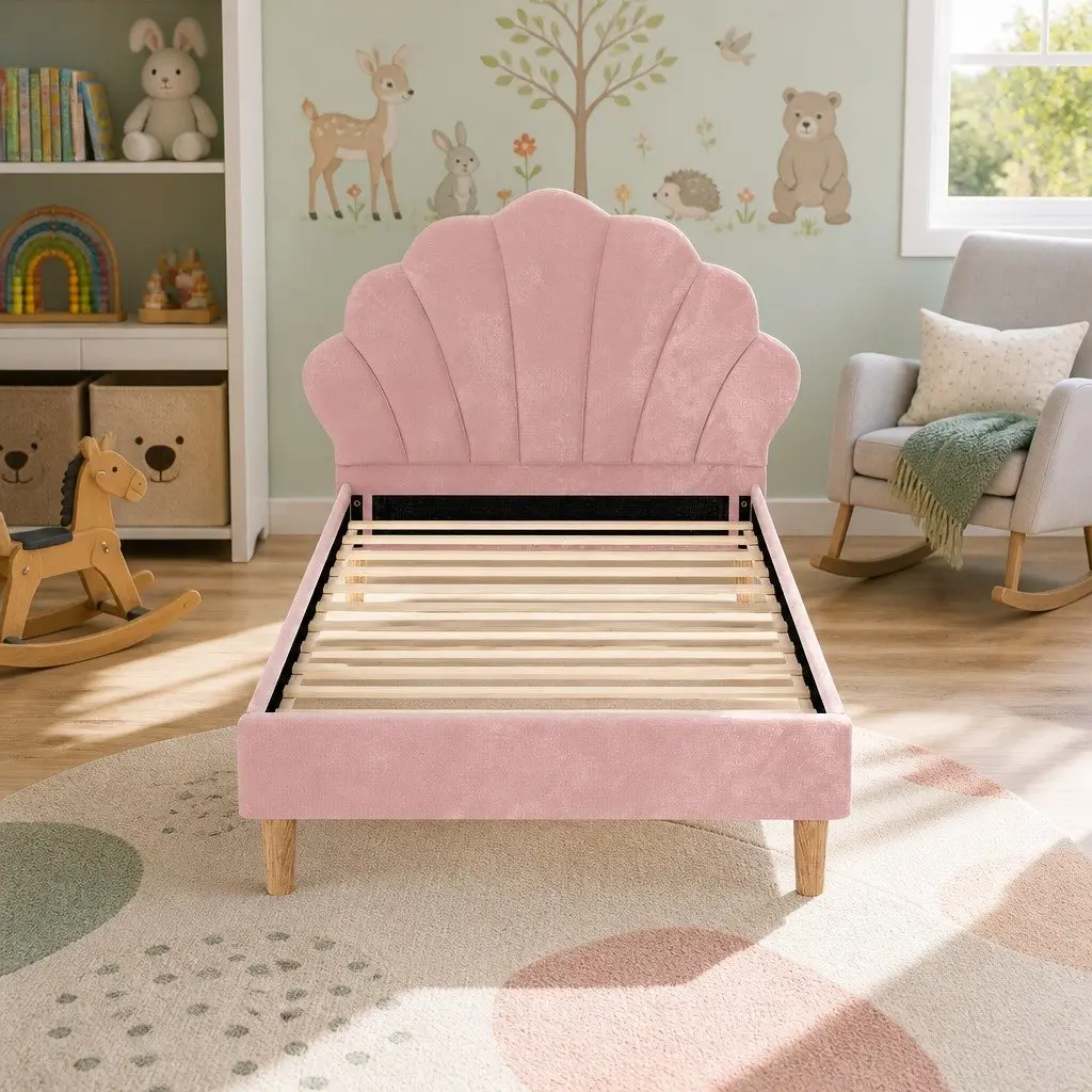 King Single Bed Frame Scallop Upholstered Bedroom Furniture Base Pink Velvet