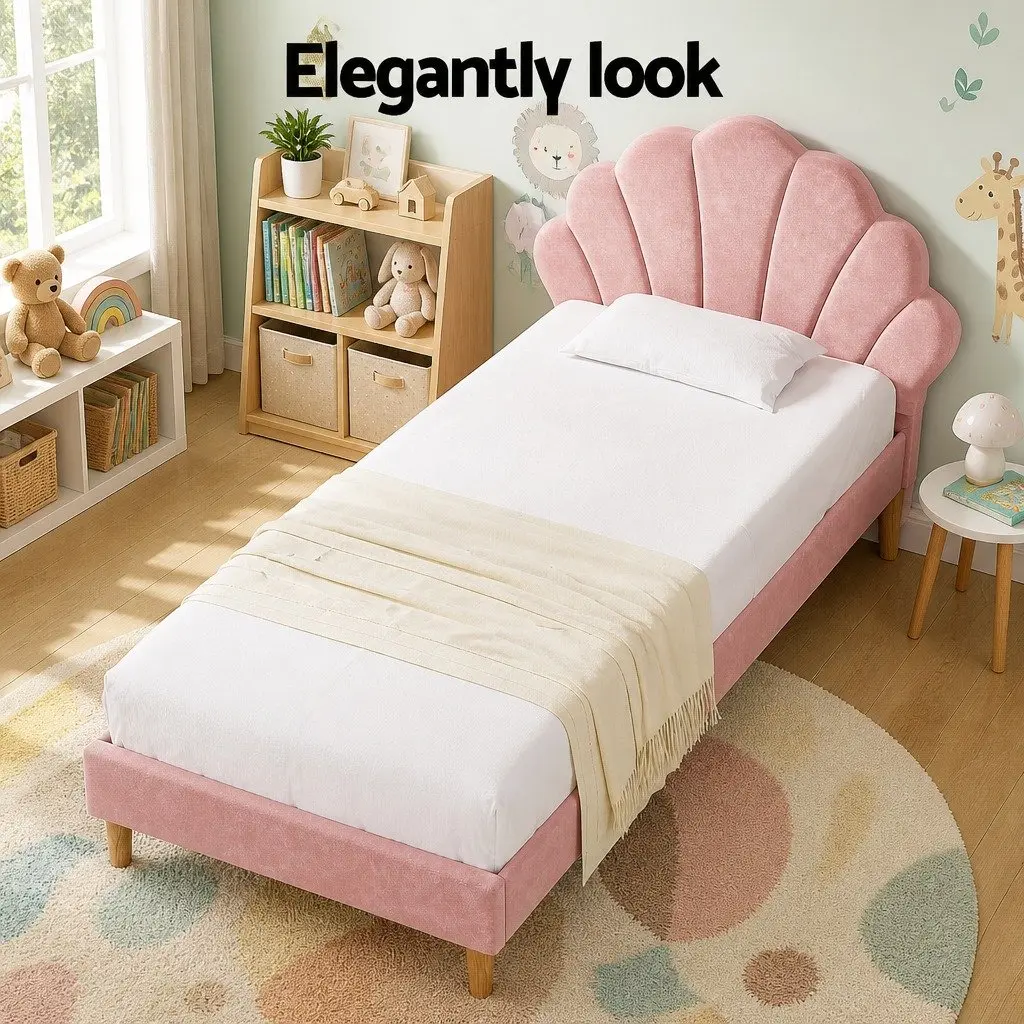 King Single Bed Frame Scallop Upholstered Bedroom Furniture Base Pink Velvet