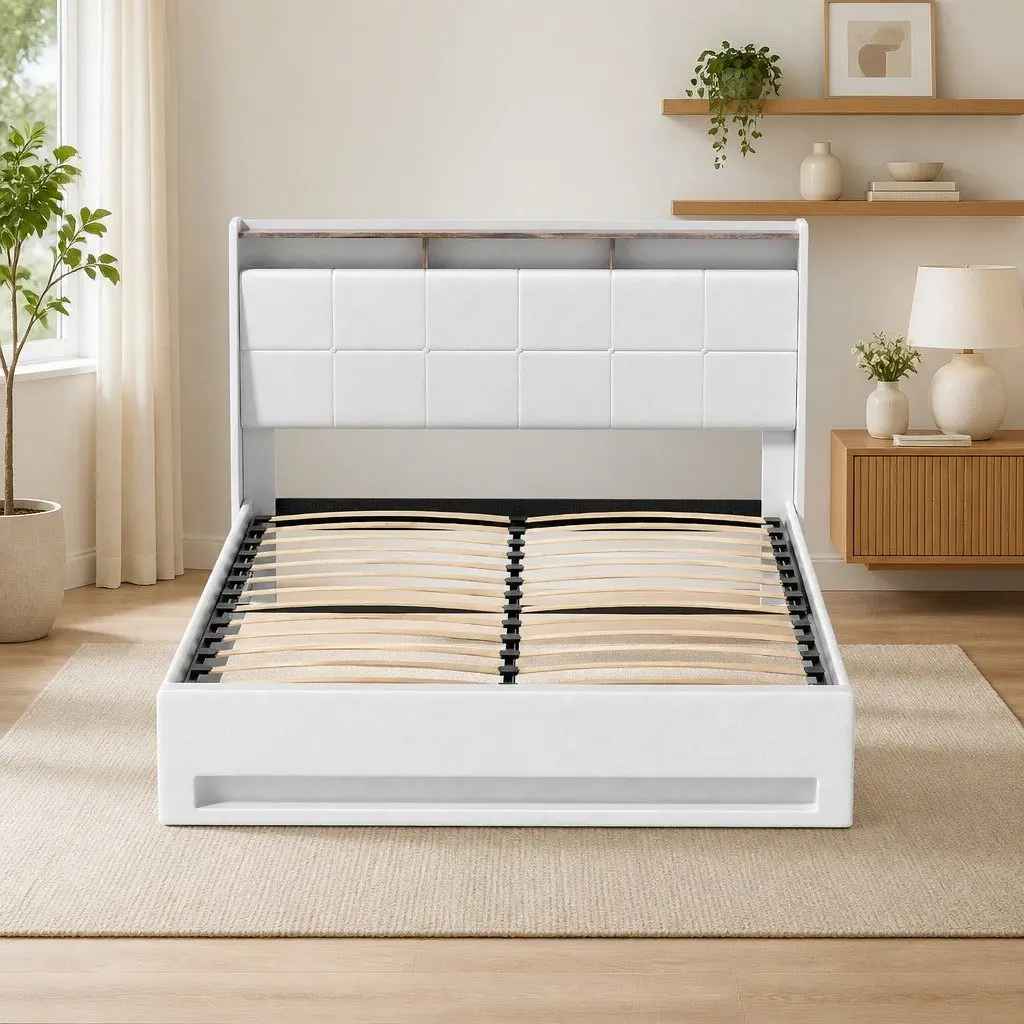 Double Bed Frame Gas Lift Storage LED Lights Headboard White 202cm L x 149cm W x 113cm H