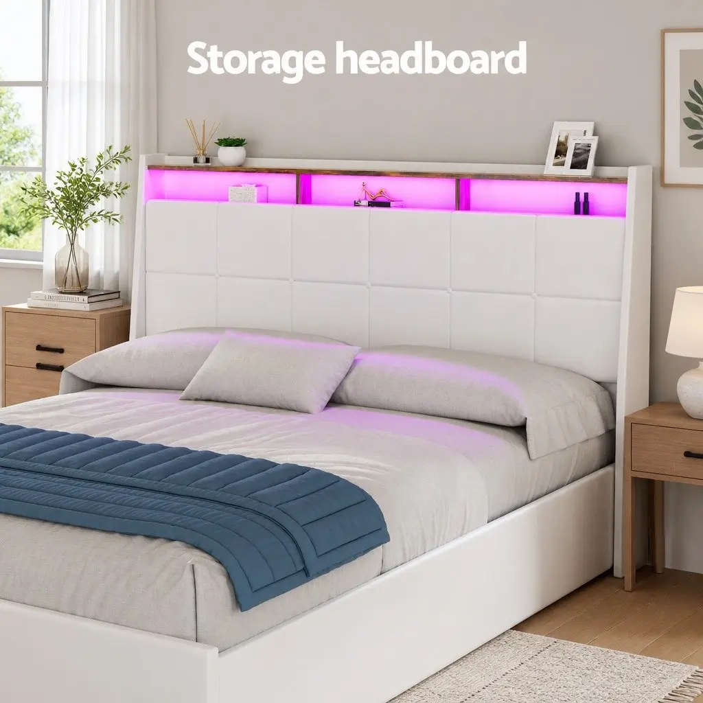 Queen Size Bed Frame with Storage Gas Lift Mechanism and LED Headboard White