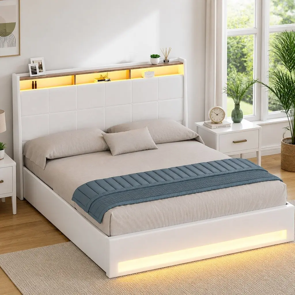 Queen Size Bed Frame with Storage Gas Lift Mechanism and LED Headboard White