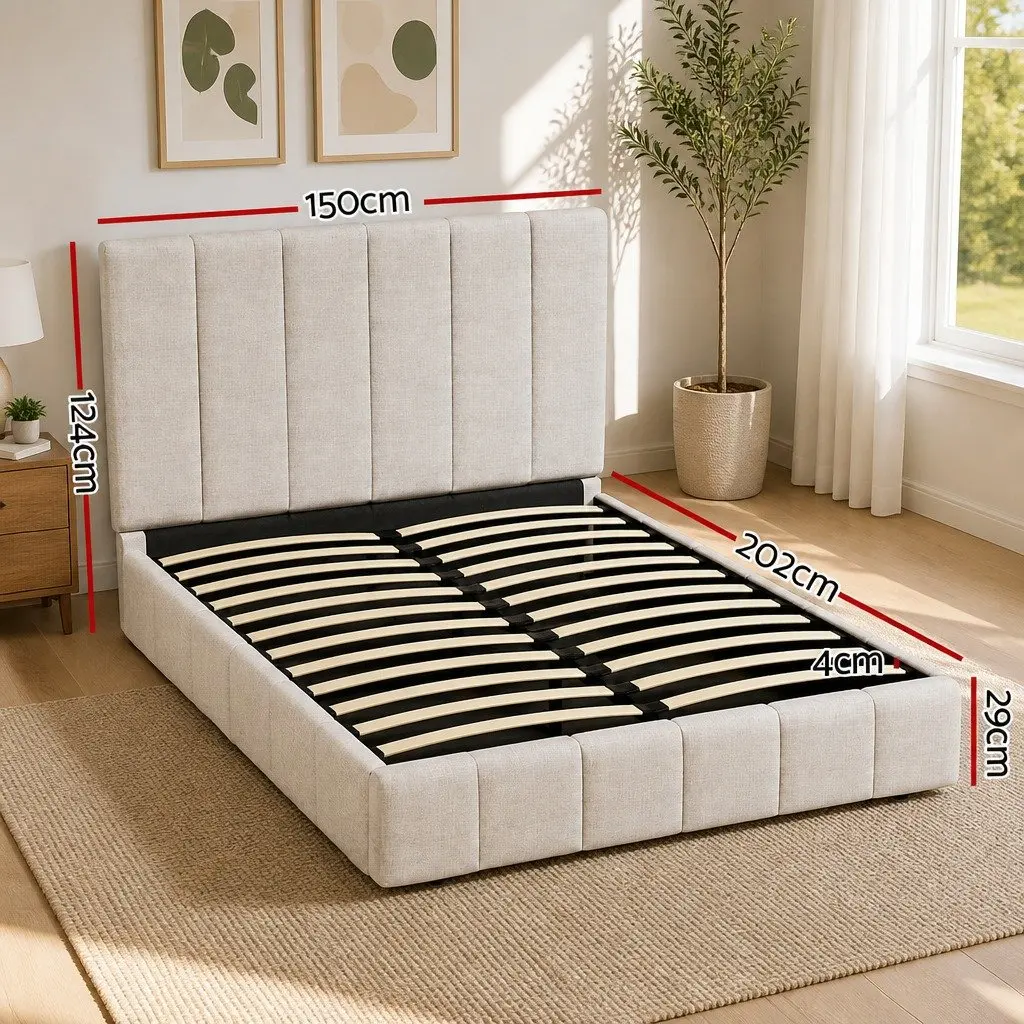 Double Bed Frame Beige Upholstered Linen Gas Lift Storage 202cm x 150cm x 124cm
