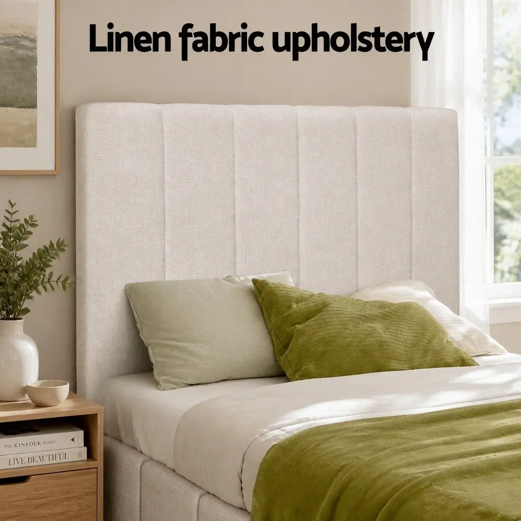 Double Bed Frame Beige Upholstered Linen Gas Lift Storage 202cm x 150cm x 124cm