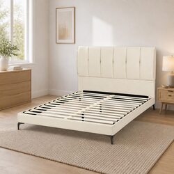 Double Bed Frame Upholstered Platform Tufted Headboard 300kg Support Bedroom