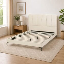 Queen Bed Frame Upholstered Platform with Tufted Headboard 300kg Support Beige