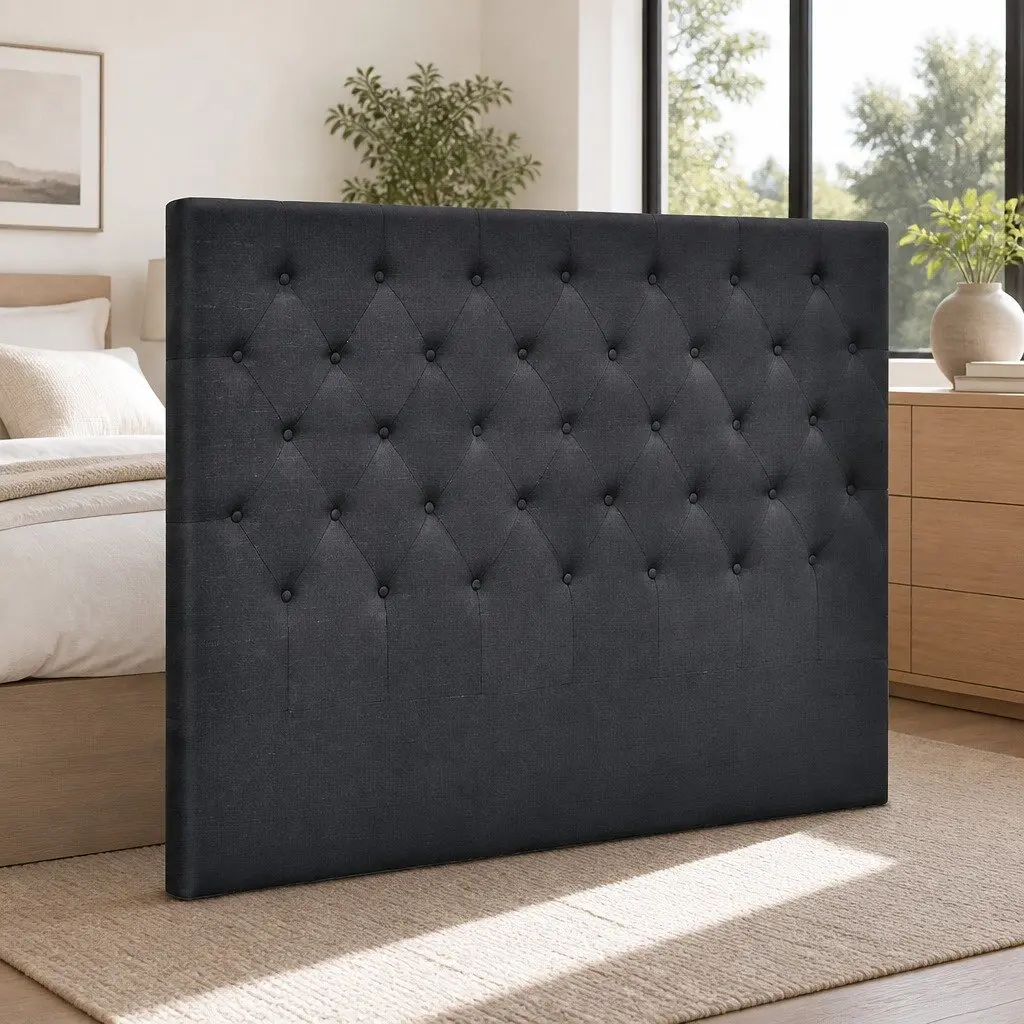 Queen Bed Headboard with Button-Tufted Charcoal Fabric