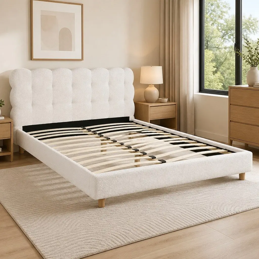 Double Bed Frame Cloud Headboard Boucle Upholstery Platform Base White