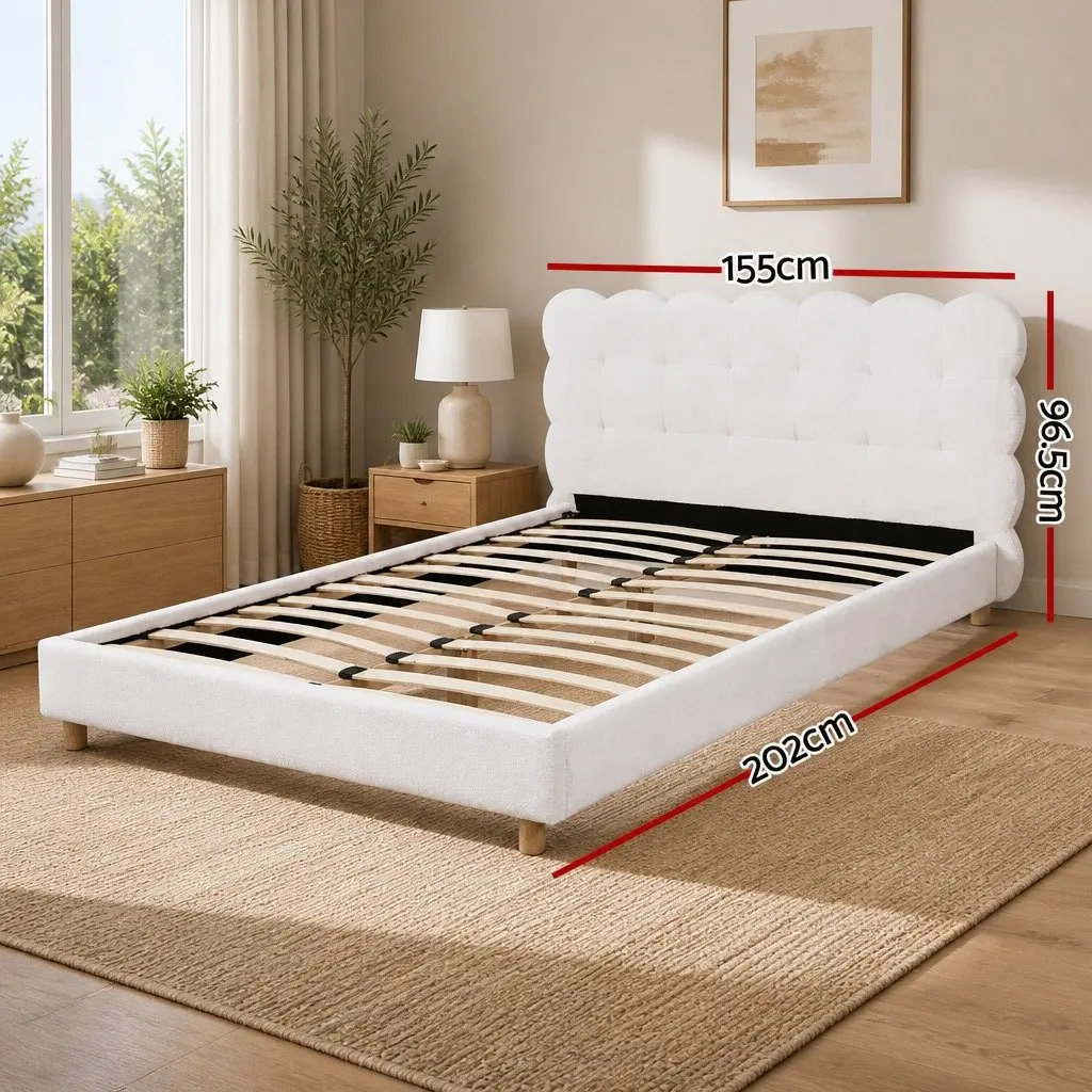 Double Bed Frame Cloud Headboard Boucle Upholstery Platform Base White