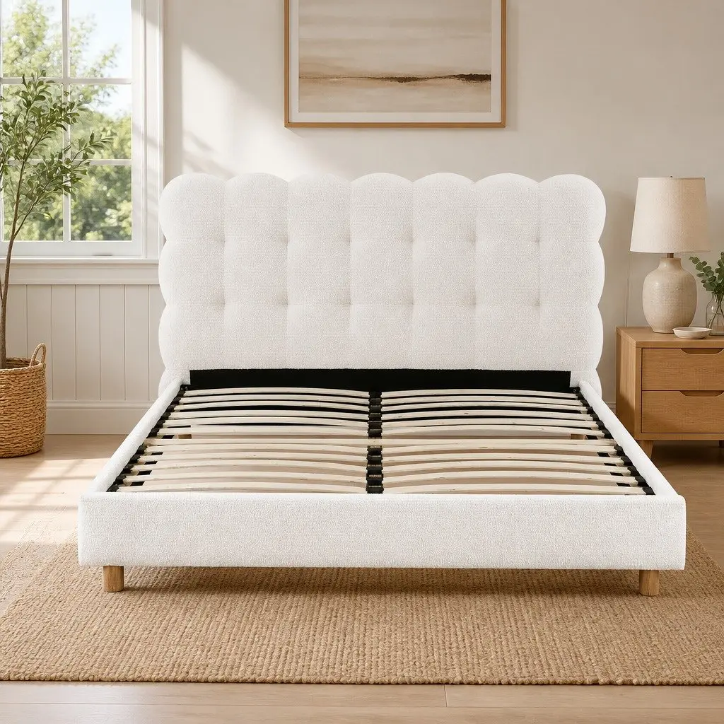 Double Bed Frame Cloud Headboard Boucle Upholstery Platform Base White