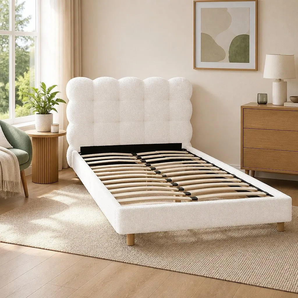 King Single Bed Frame Cloud Headboard Boucle Fabric Platform White Modern