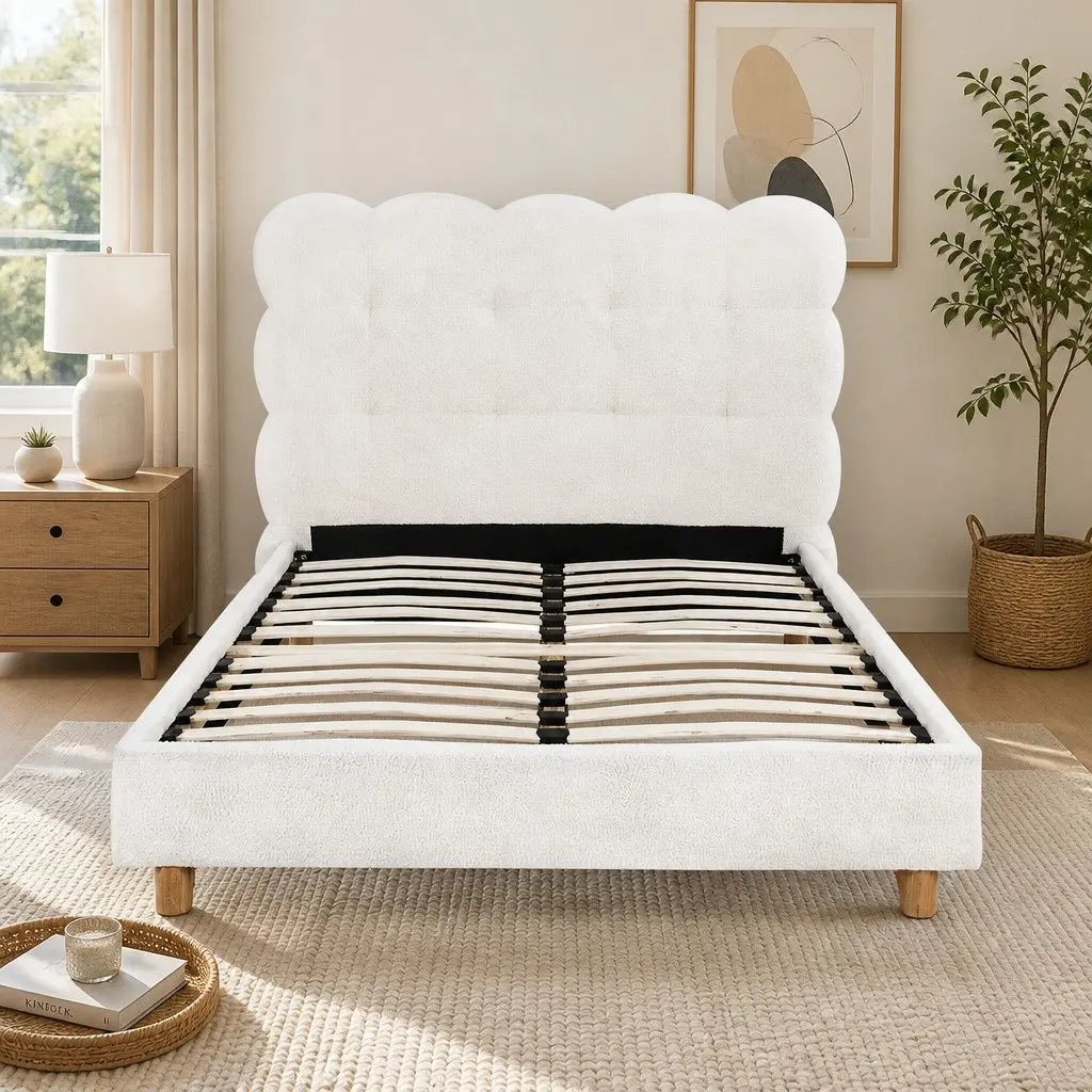 King Single Bed Frame Cloud Headboard Boucle Fabric Platform White Modern