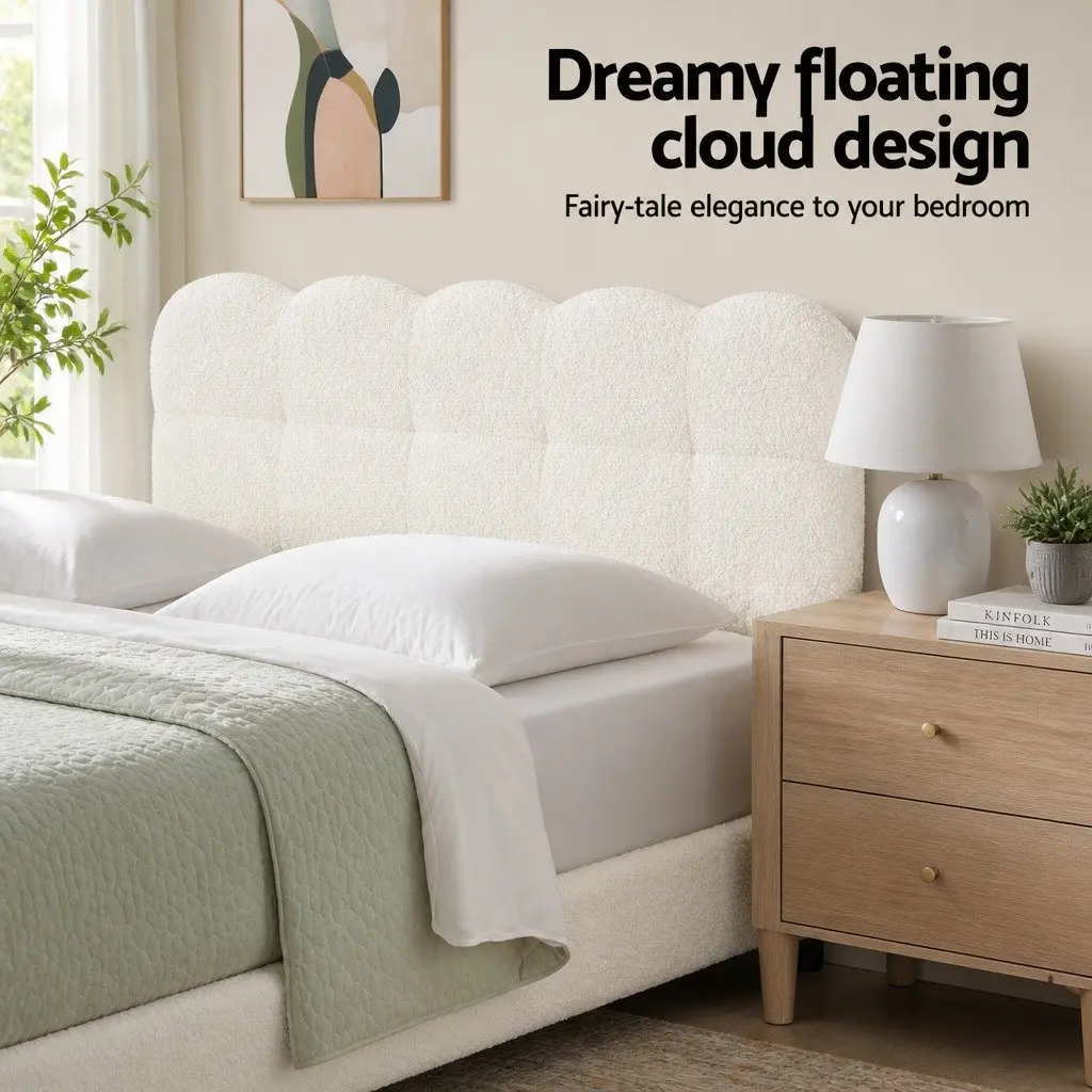 King Single Bed Frame Cloud Headboard Boucle Fabric Platform White Modern