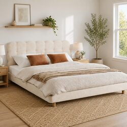 Queen Bed Frame Cloud Headboard Boucle Fabric Platform Base White Modern Bedroom