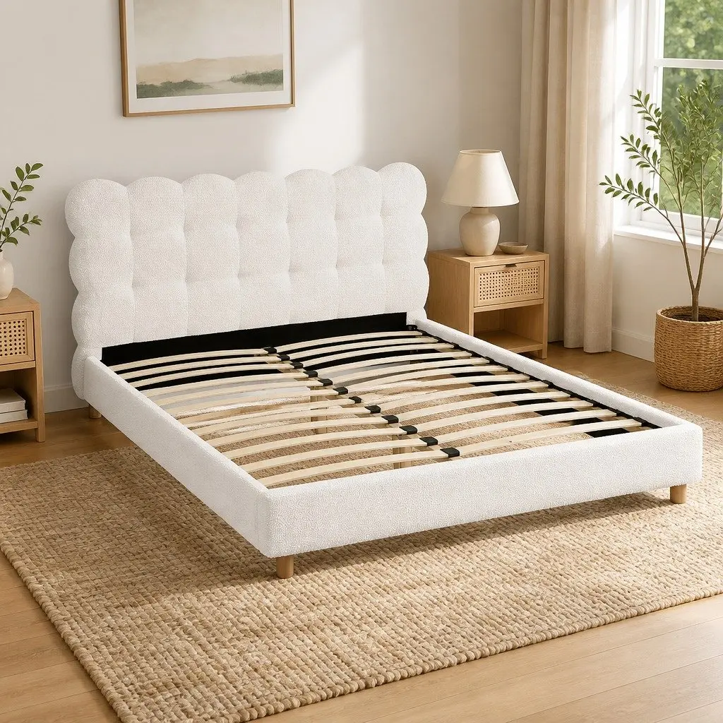 Queen Bed Frame with Boucle Upholstery
