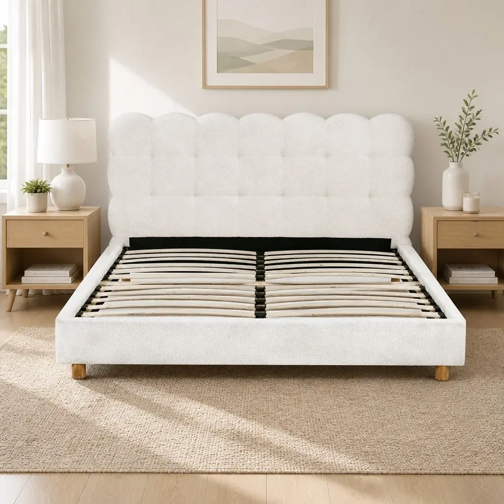 Queen Bed Frame with Boucle Upholstery
