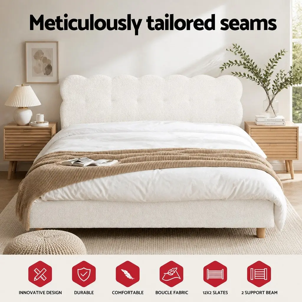 Queen Bed Frame with Boucle Upholstery