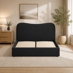 Double Bed Frame Boucle Upholstered Padded Headboard Wooden Slat Support