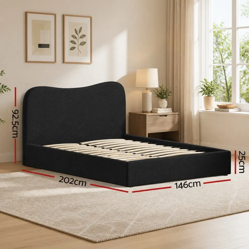 Double Bed Frame Boucle Upholstered Padded Headboard Wooden Slat Support