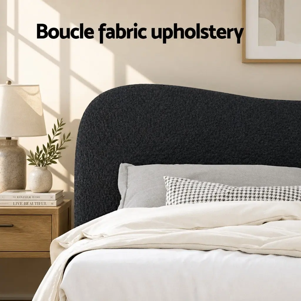 Double Bed Frame Boucle Upholstered Padded Headboard Wooden Slat Support