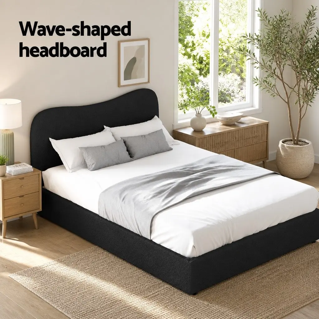 Double Bed Frame Boucle Upholstered Padded Headboard Wooden Slat Support