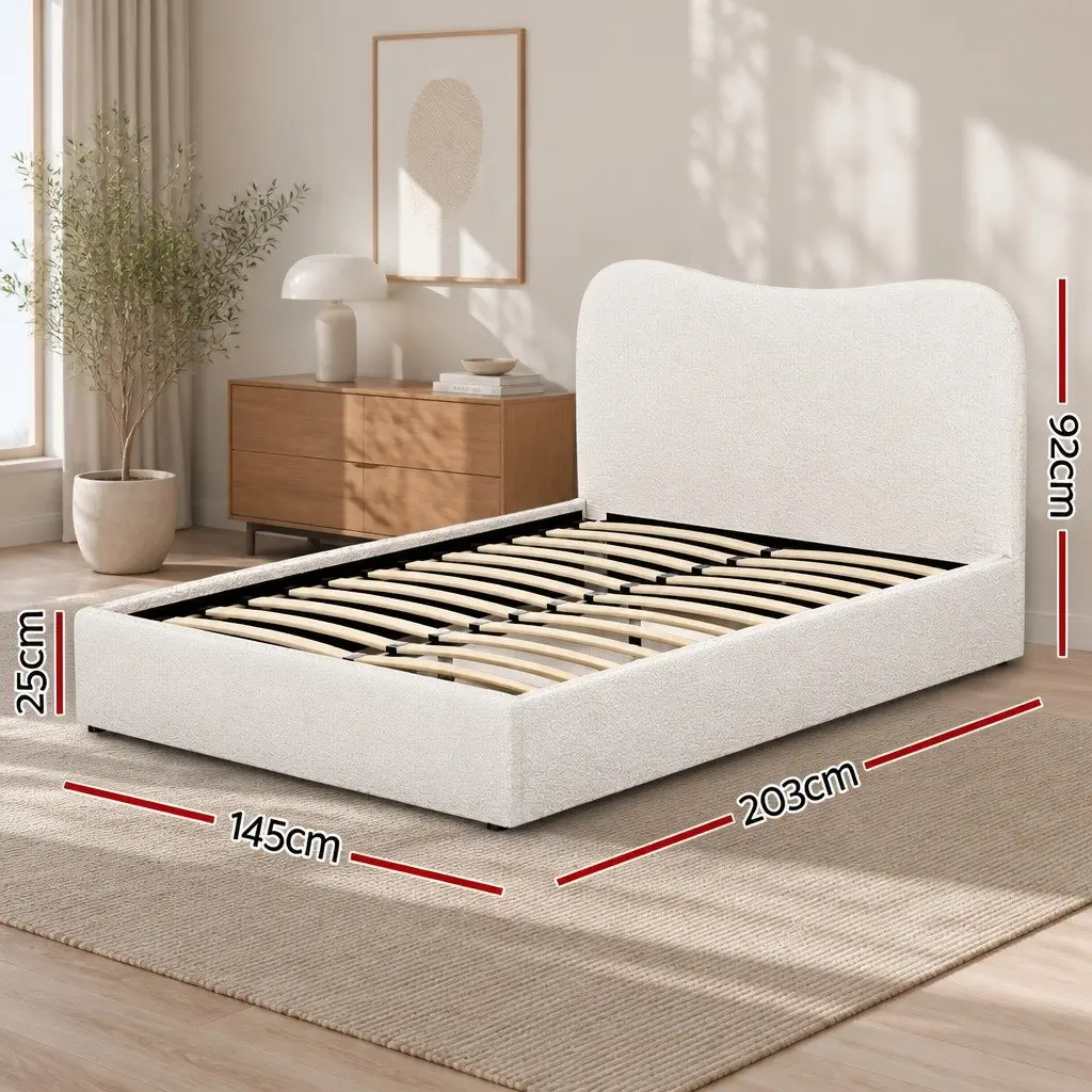 Double Bed Frame Upholstered Boucle Fabric Padded Headboard Wooden Slat Support