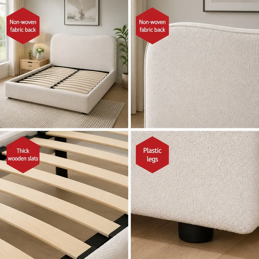 Double Bed Frame Upholstered Boucle Fabric Padded Headboard Wooden Slat Support