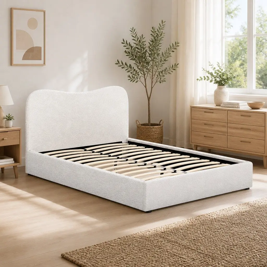Double Bed Frame Upholstered Boucle Fabric Padded Headboard Wooden Slat Support