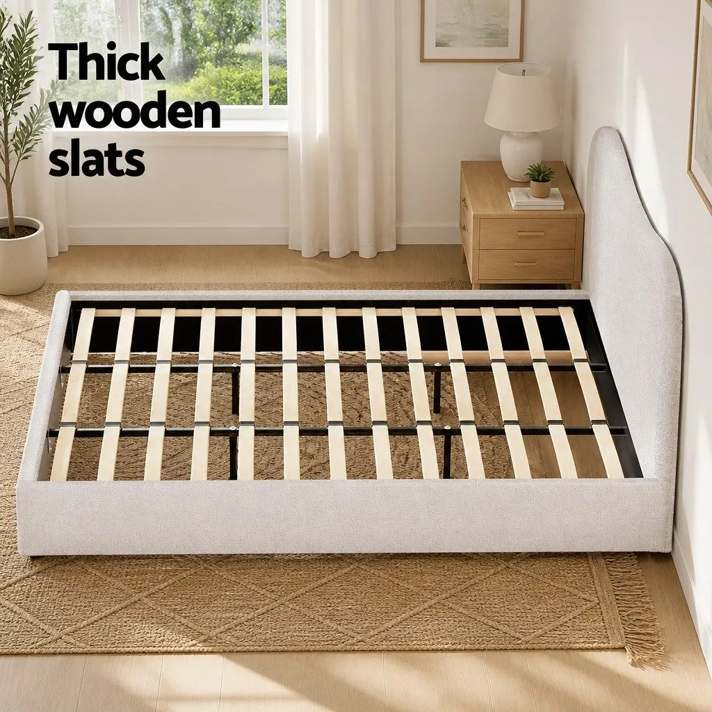 King Size Bed Frame Upholstered Boucle Padded Headboard Wooden Slat Support