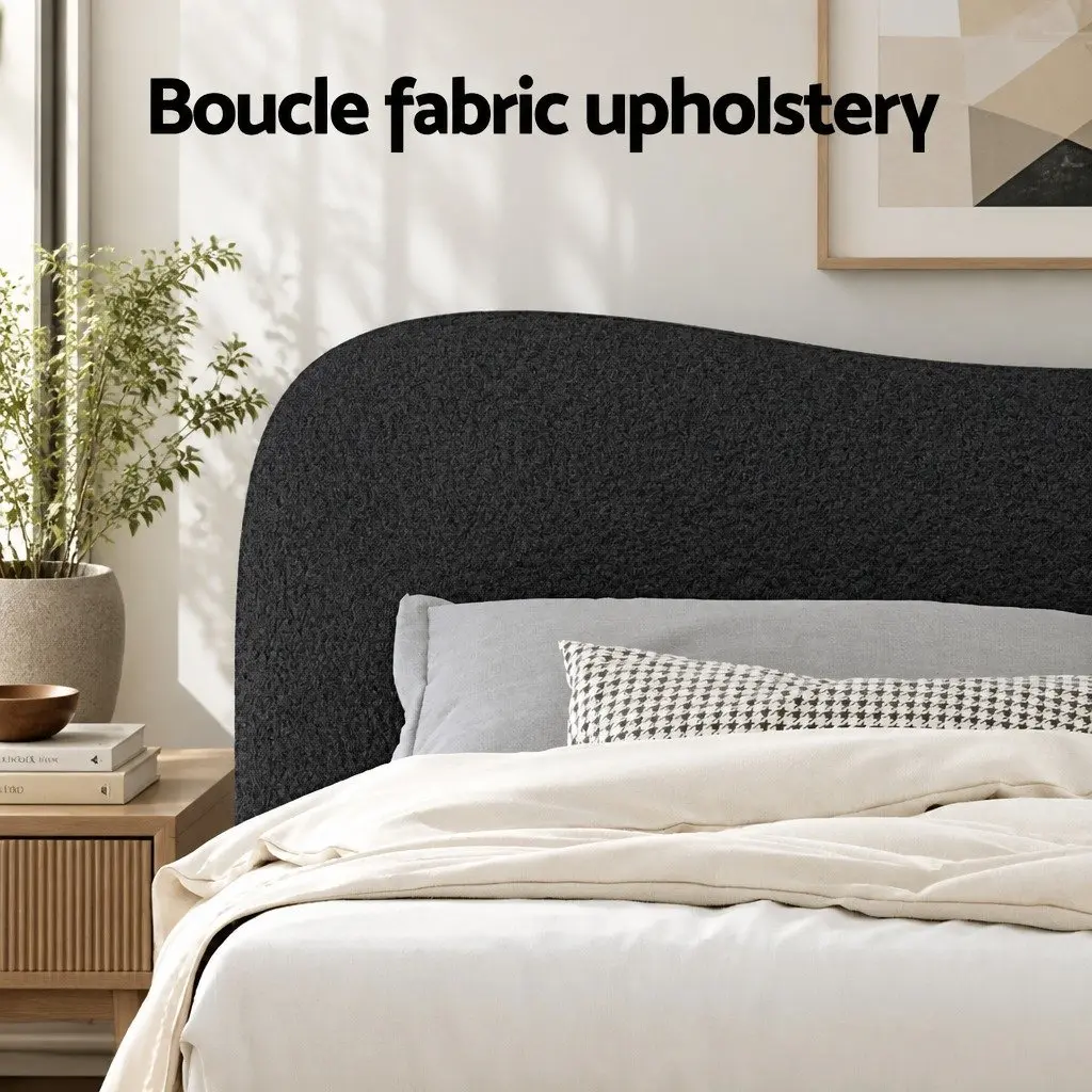 Queen Size Bed Frame Upholstered Boucle Fabric Wooden Slat Support Padded