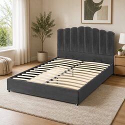 Double Bed Frame Grey Velvet Gas Lift Storage Padded Headboard Wooden Slat