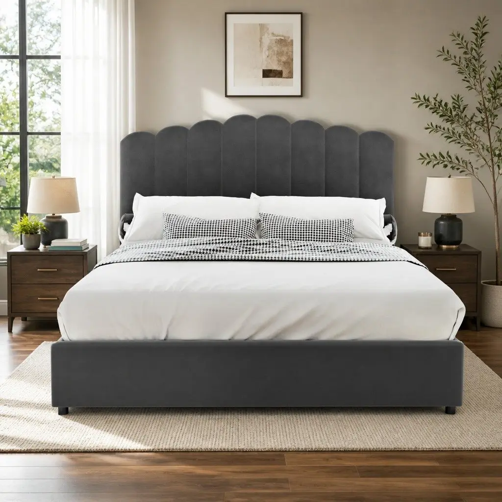 Double Bed Frame Gas Lift Storage Velvet Upholstered Padded Headboard Wooden Slat Grey