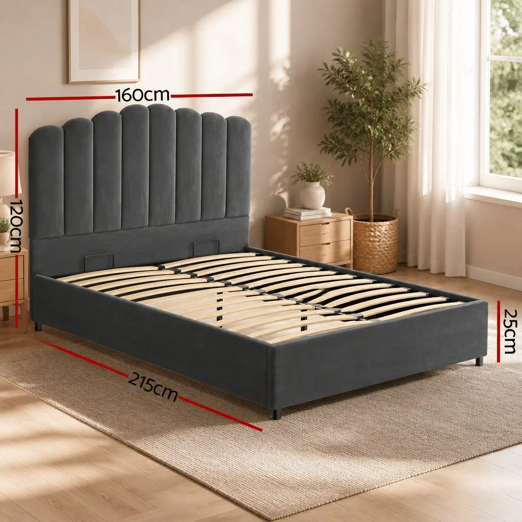 Double Bed Frame Gas Lift Storage Velvet Upholstered Padded Headboard Wooden Slat Grey