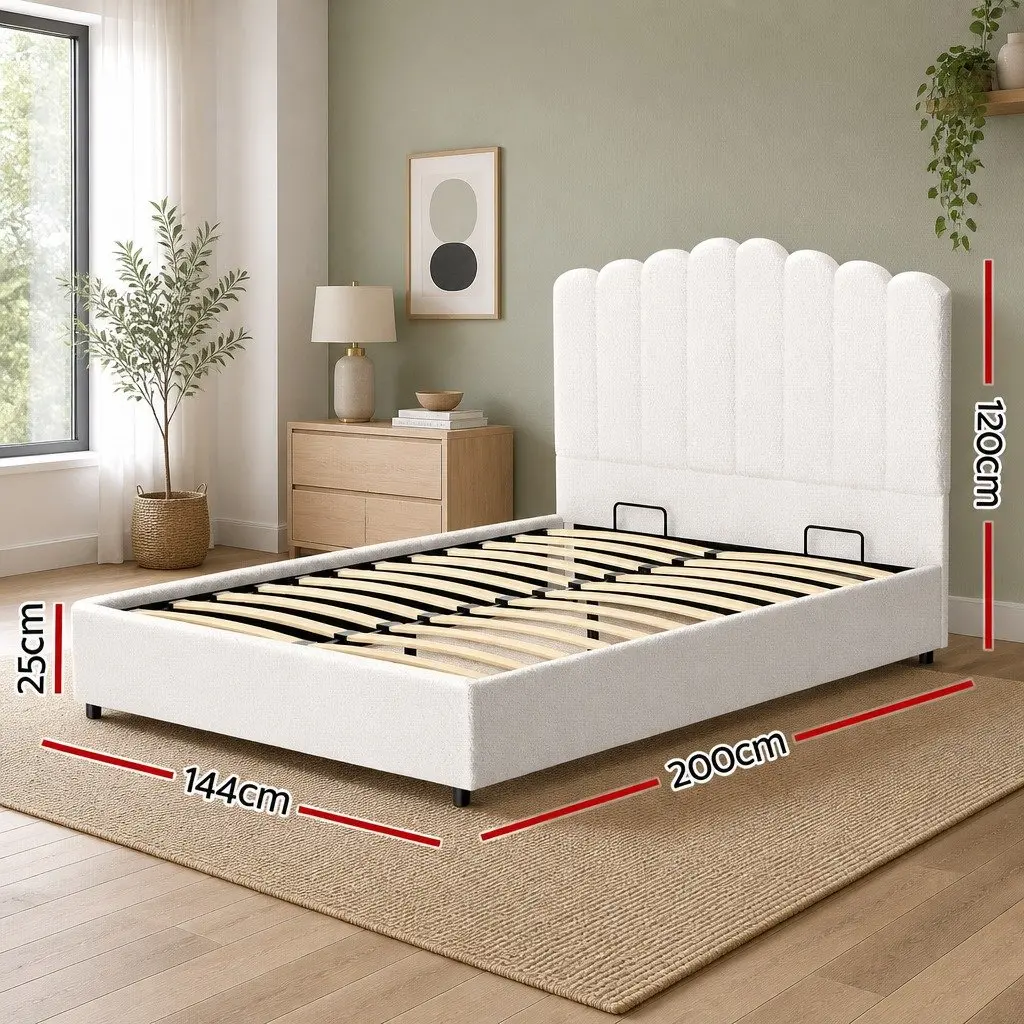 Double Bed Frame Upholstered Boucle Storage Gas Lift Padded Headboard Wooden 144cm