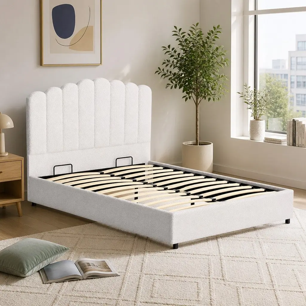 Double Bed Frame Upholstered Boucle Storage Gas Lift Padded Headboard Wooden 144cm