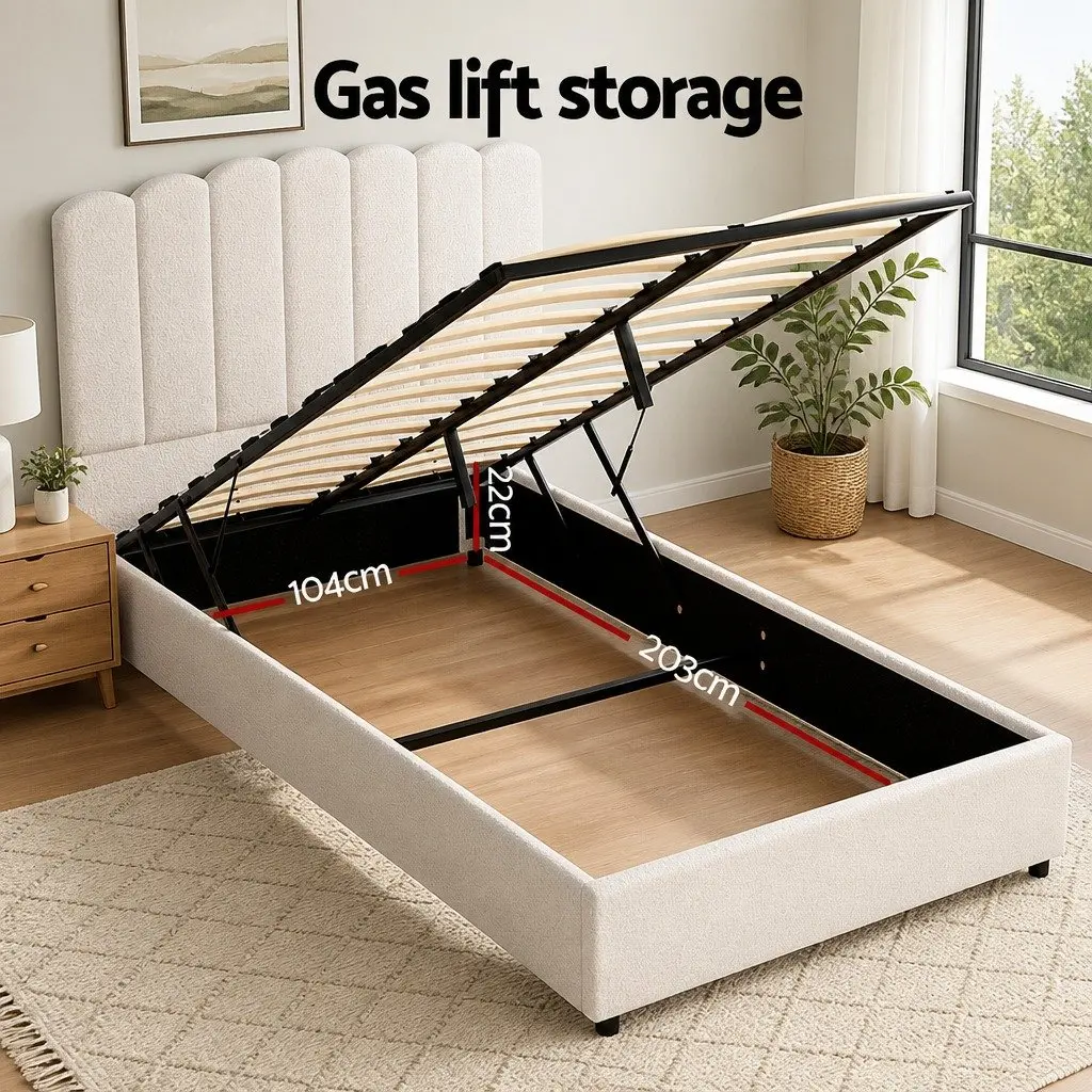 King Single Bed Frame White Boucle Upholstered Gas Lift Storage Padded Headboard