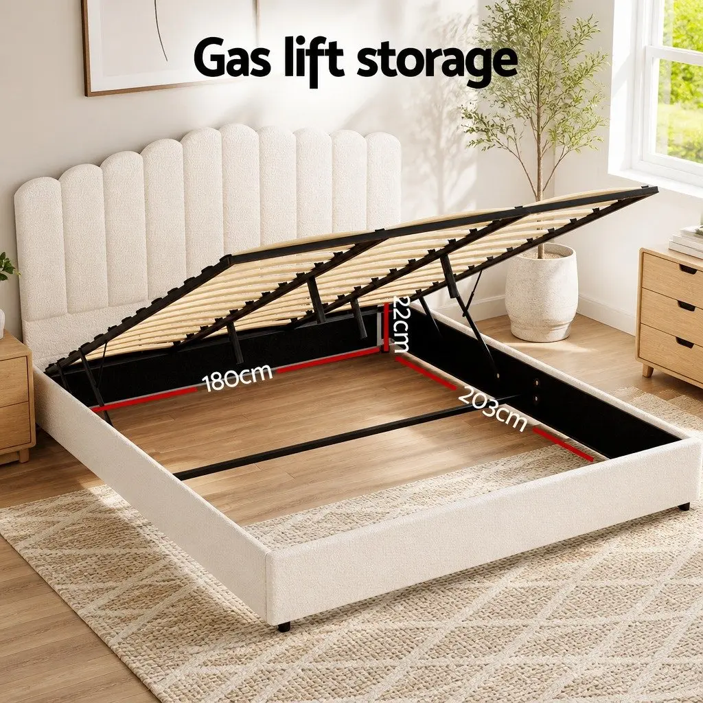 King Size Bed Frame Upholstered Boucle Gas Lift Storage Padded Headboard