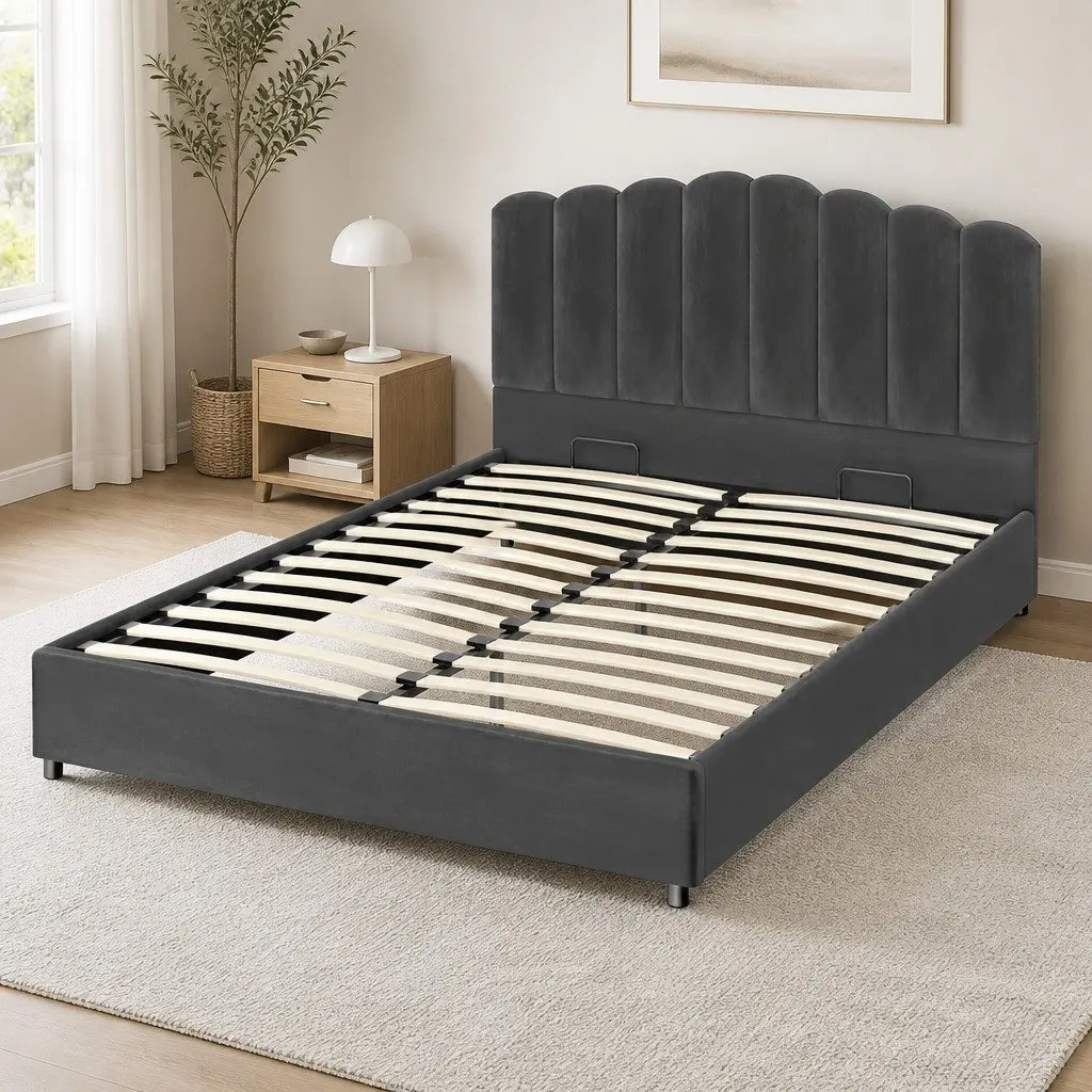 Queen Size Bed Frame with Gas Lift Storage Padded Headboard Grey Velvet