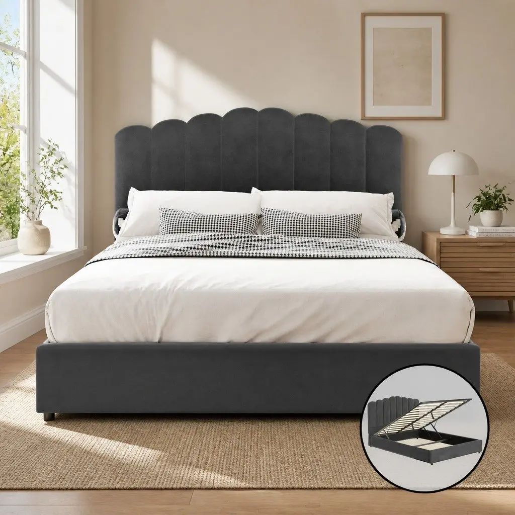 Queen Size Bed Frame with Gas Lift Storage Padded Headboard Grey Velvet