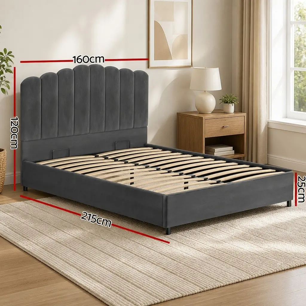 Queen Size Bed Frame with Gas Lift Storage Padded Headboard Grey Velvet