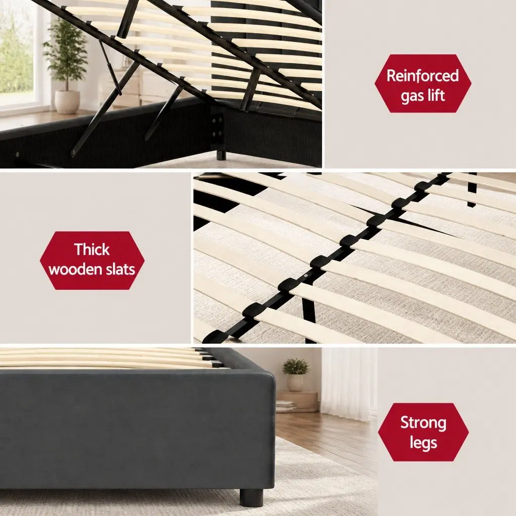 Queen Size Bed Frame with Gas Lift Storage Padded Headboard Grey Velvet