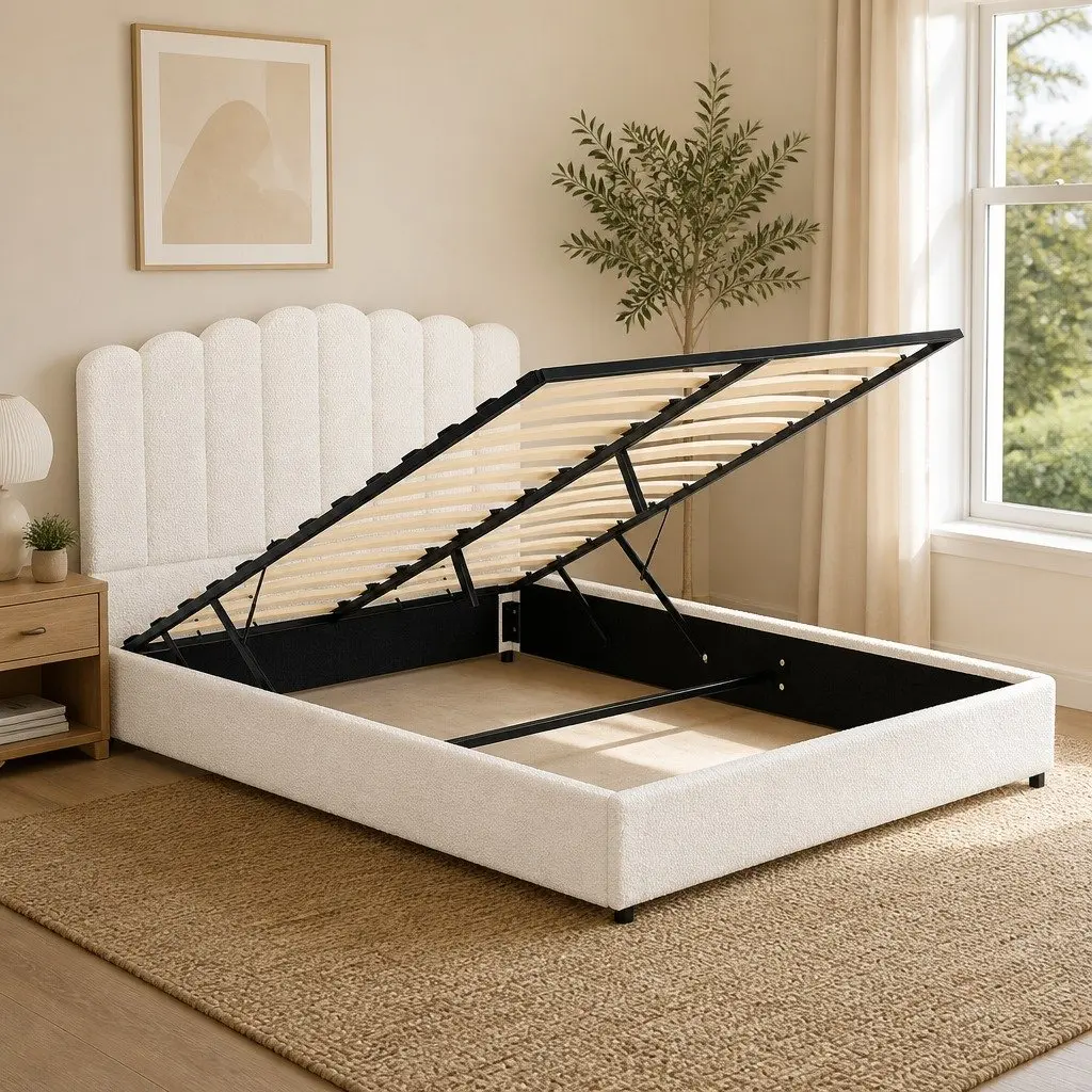 Queen Size Bed Frame Gas Lift Storage Padded Headboard Boucle Upholstered